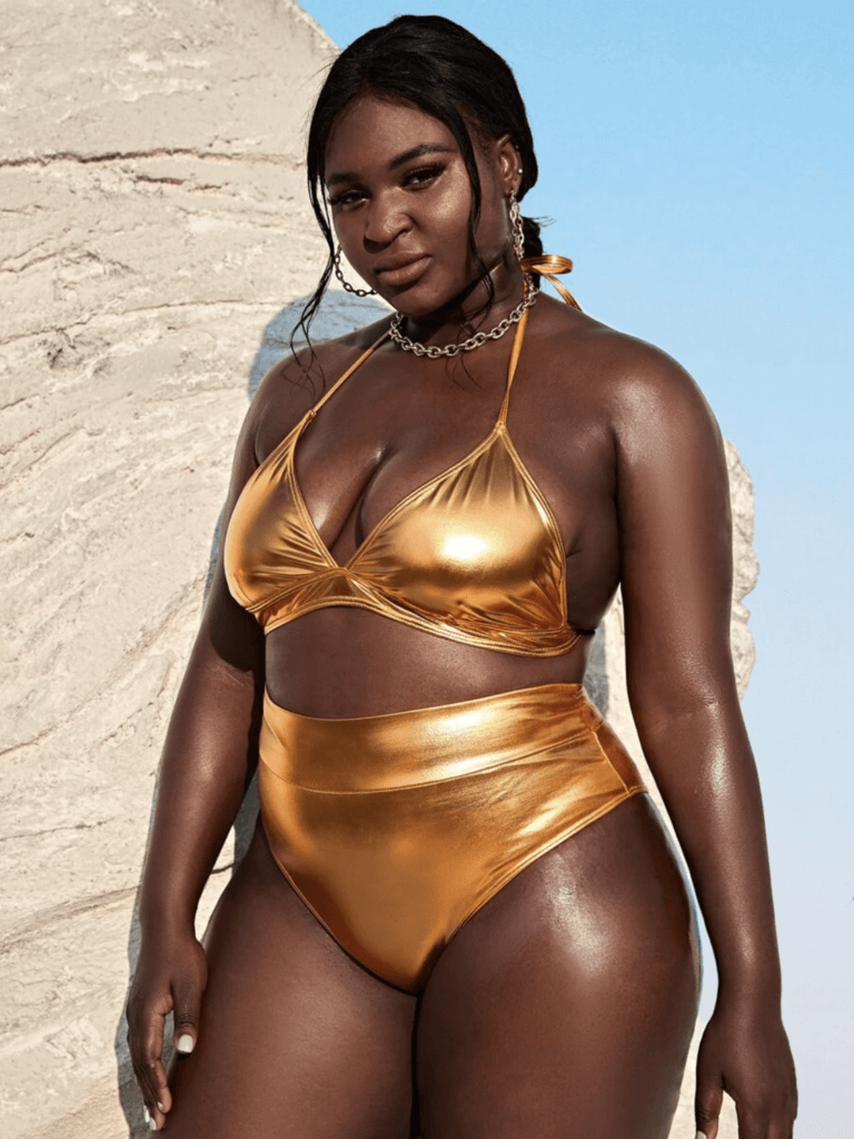 Curvy Shein model in gold two piece bikini