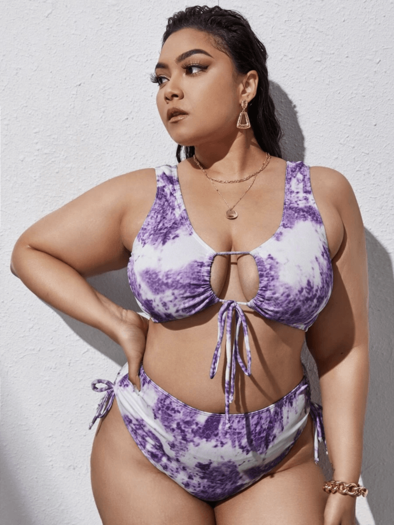 Best Plus Size Swim Wear Curvy Shein model in purple and white bikini