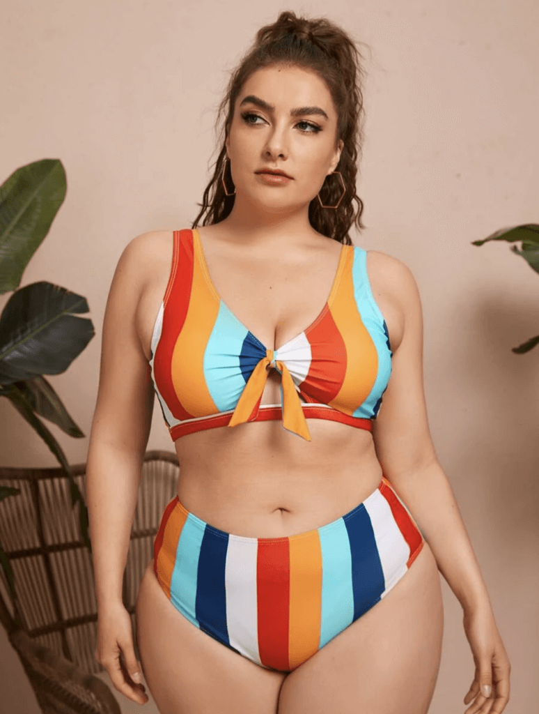 Best Plus Size Swim Wear Curvy Shein model in striped bikini