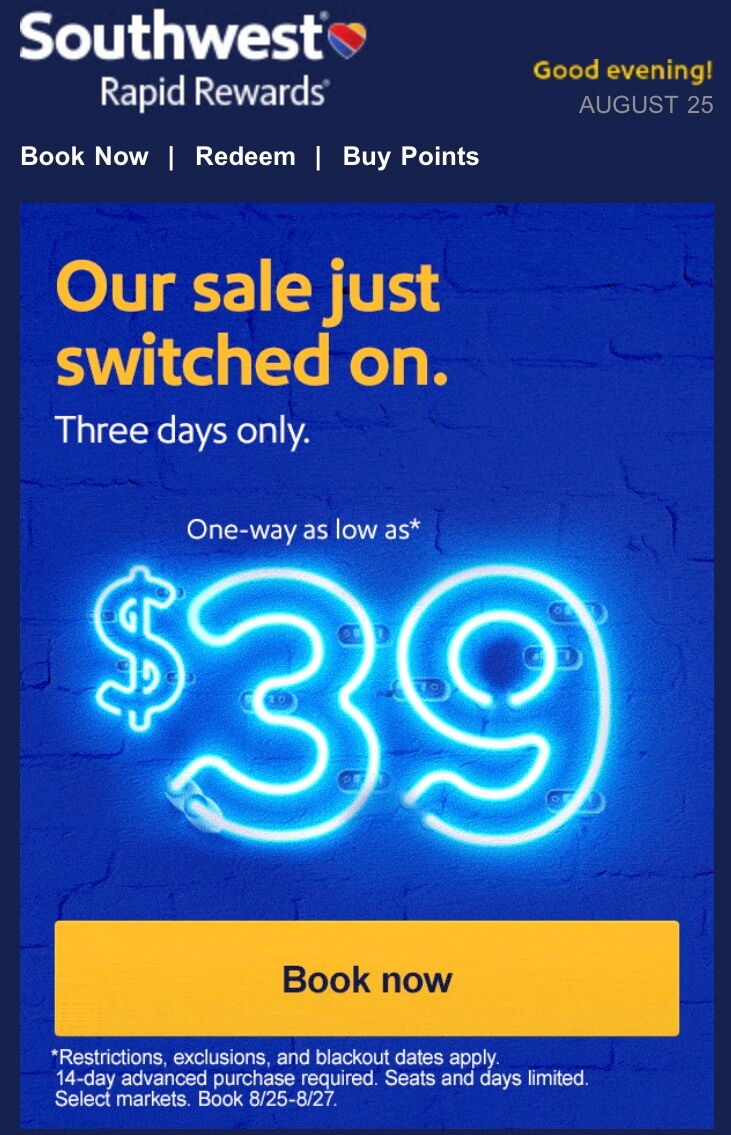Southwest offers $39 fare sale for travelers for 3 days only