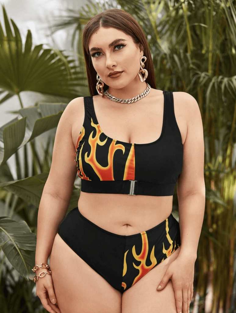 Best Plus Size Swim Wear Curvy Shein Model in black and flames bikini